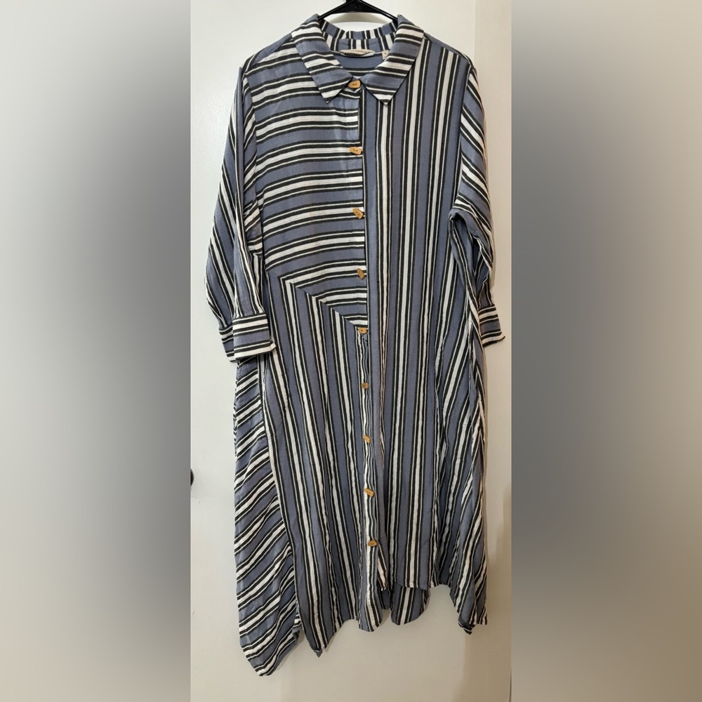 Soft Surroundings Asymmetrical Stripe Cotton Blend Belted Shirt Dress Size 1X